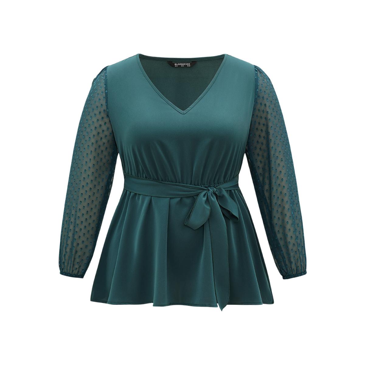 Plus Size Arctic Static-Free Plain Patchwork Mesh Texture Ties Blouse Women Office Long Sleeve V-neck Office Blouses BloomChic 28/5X Product Image