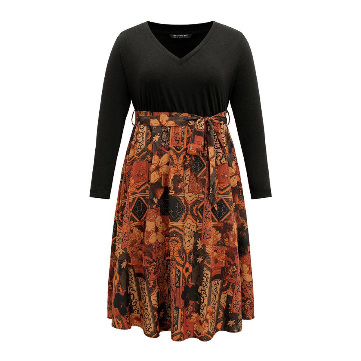 Plus Size Bandana Print V Neck Patchwork Pocket Dress Black Women Vacation Belted V-neck Long Sleeve Curvy Midi Dress BloomChic 10/M Product Image