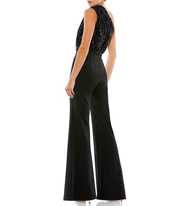 Mac Duggal Sequin Asymmetrical One Shoulder Sleeveless Satin Flare Leg Jumpsuit Product Image
