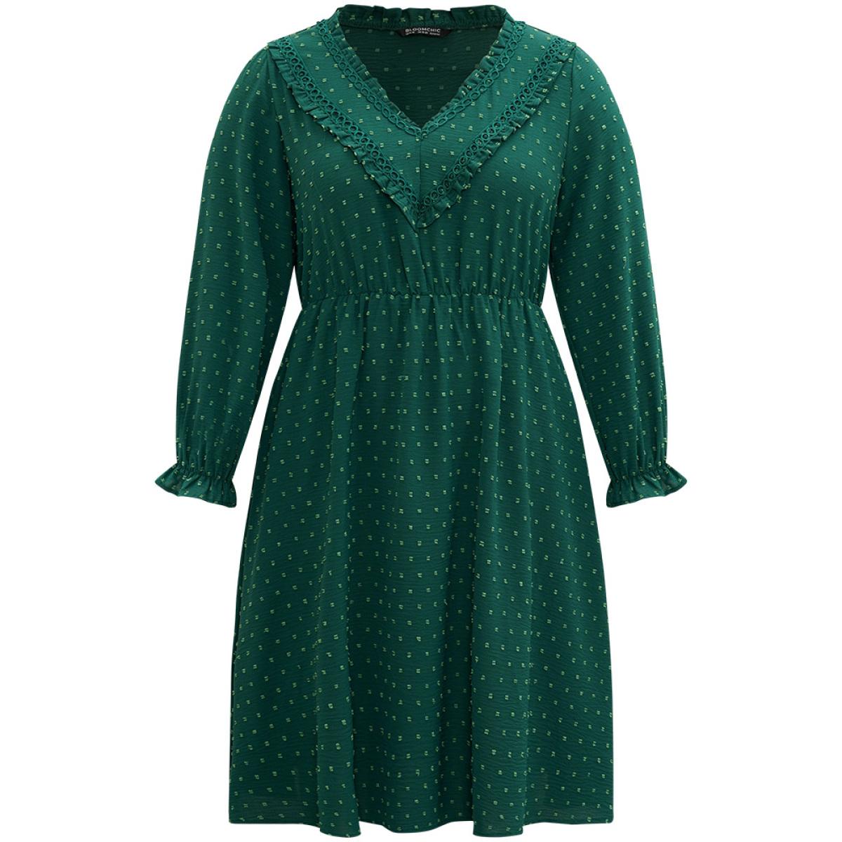 Plus Size Solid Textured V Neck Lantern Sleeve Frill Trim Dress DarkGreen Women Office Texture V-neck Long Sleeve Curvy Midi Dress BloomChic 30/6X Product Image