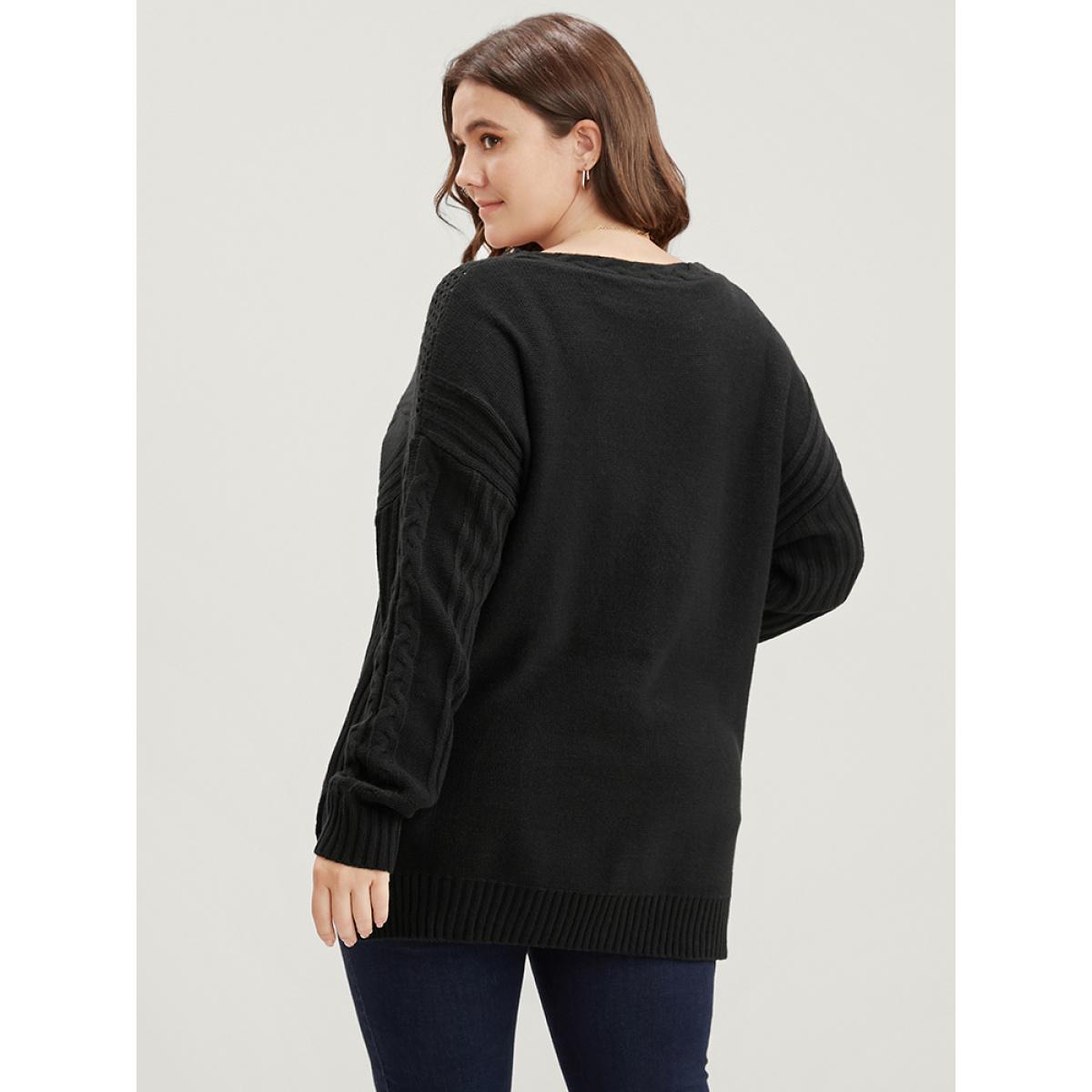 Plus Size Solid Pointelle Knit Cut Out Split Hem Cable Knit Top Black Women Casual Loose Long Sleeve V-neck Dailywear Pullovers BloomChic 28/5X Product Image