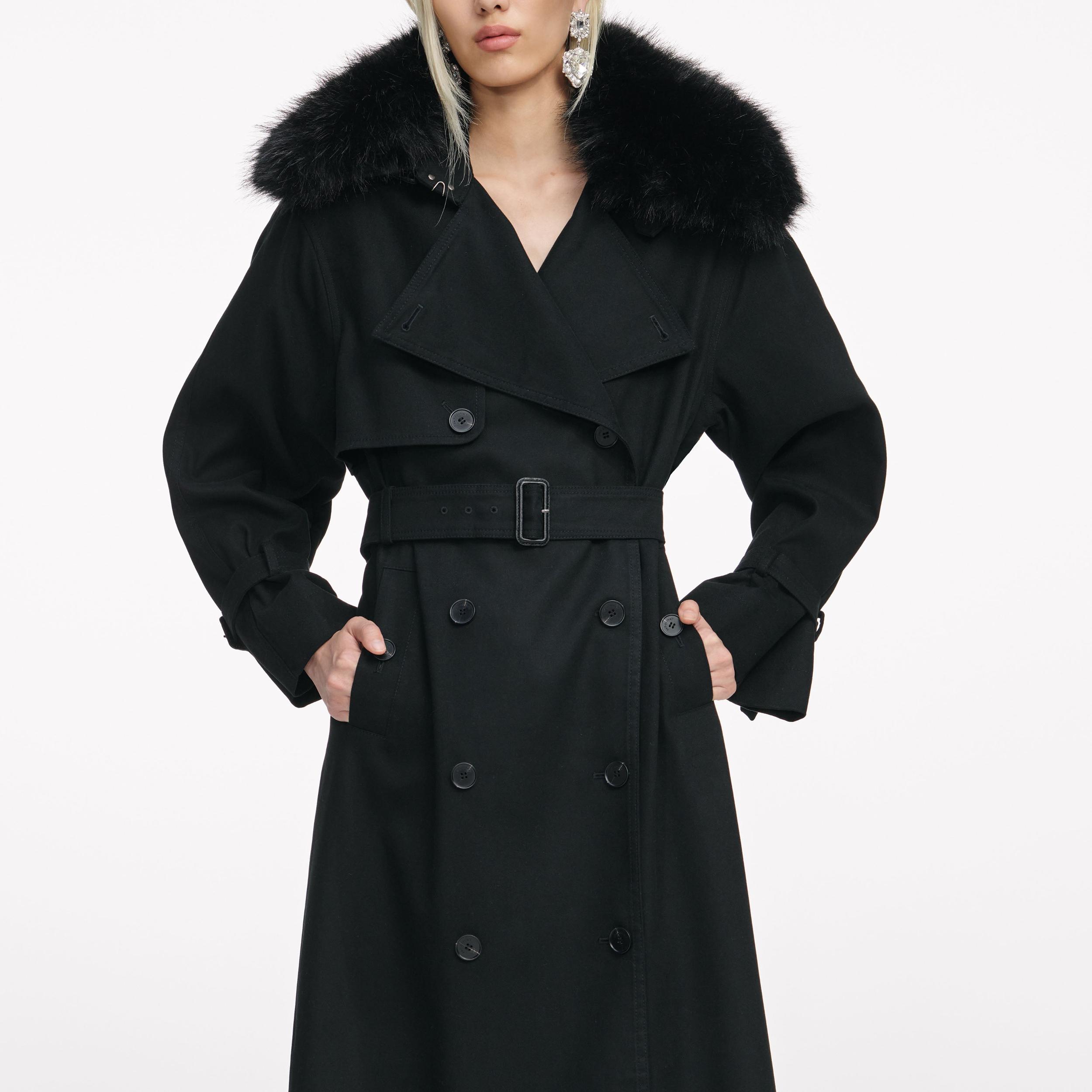 Black Twill Fur Collar Trench Coat Product Image
