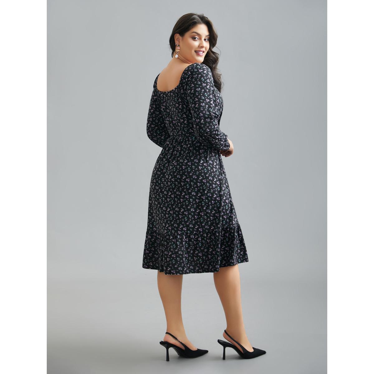 Plus Size Square Neck Ditsy Floral Elastic Waist Dress BlackFlower Women Elegant Non Knit Dresses Bloomchic 14-16/1X Product Image