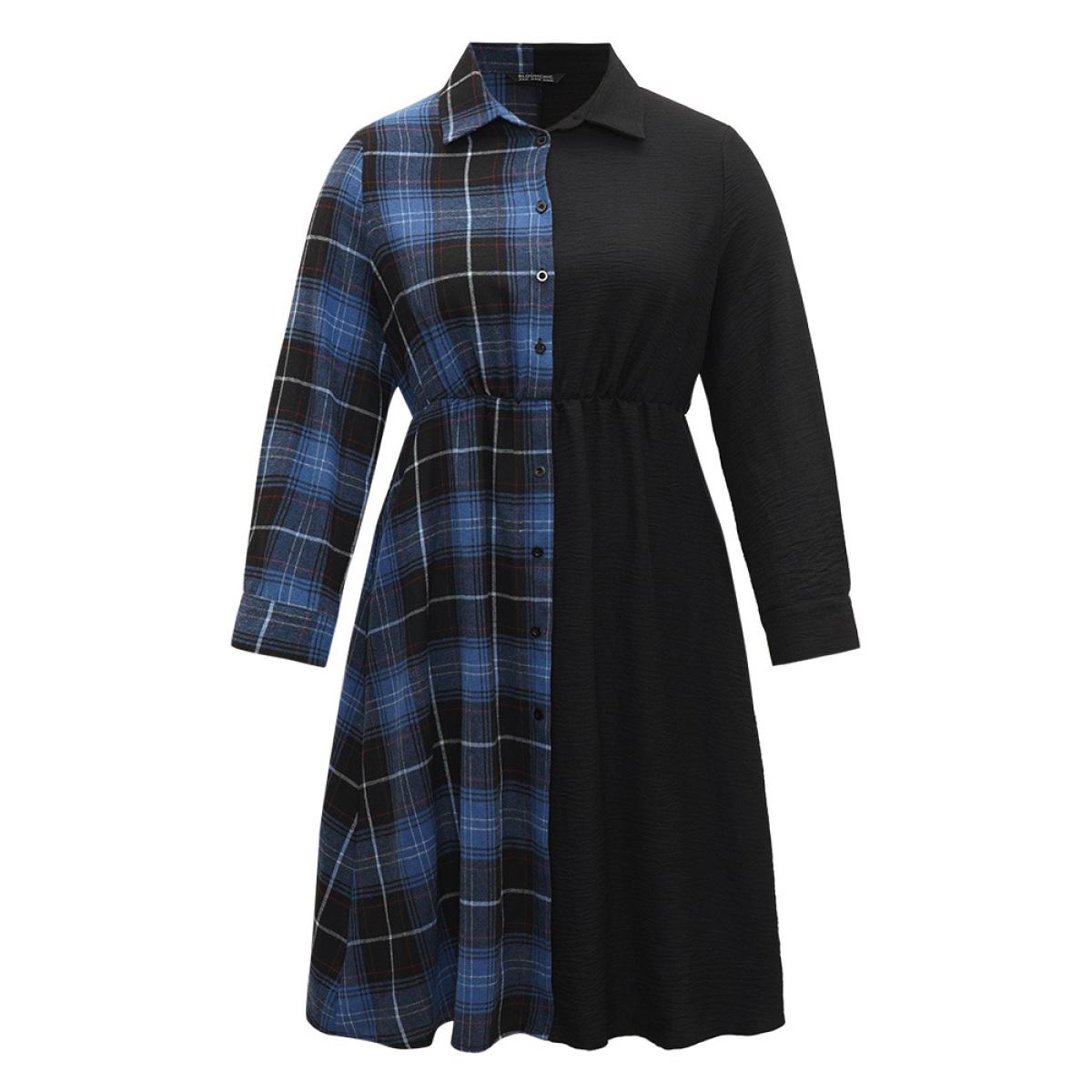 Plus Size Plaid Patchwork Button Through Pocket Dress Multicolor Women Office Contrast Shirt collar Long Sleeve Curvy Midi Dress BloomChic 22-24/3X Product Image