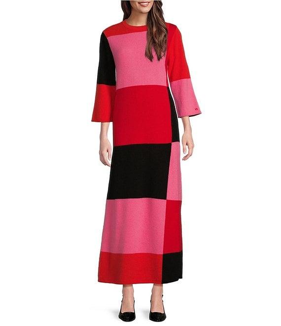 FRANCES VALENTINE Fantasia Angora Blend Color Block Crew Neck 3/4 Sleeve Maxi Dress Product Image