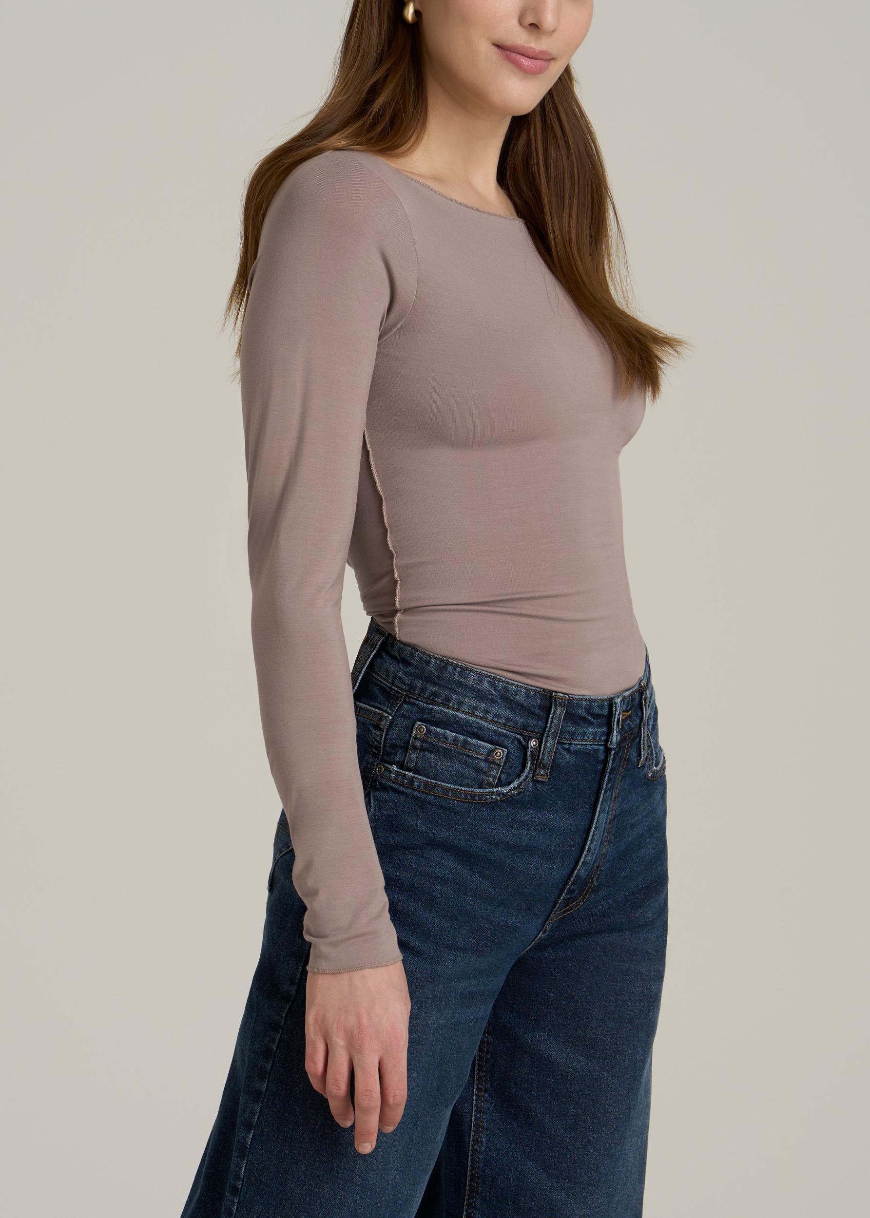 Boatneck Long Sleeve Exposed Seam Top for Tall Women in Dark Sand Female Product Image
