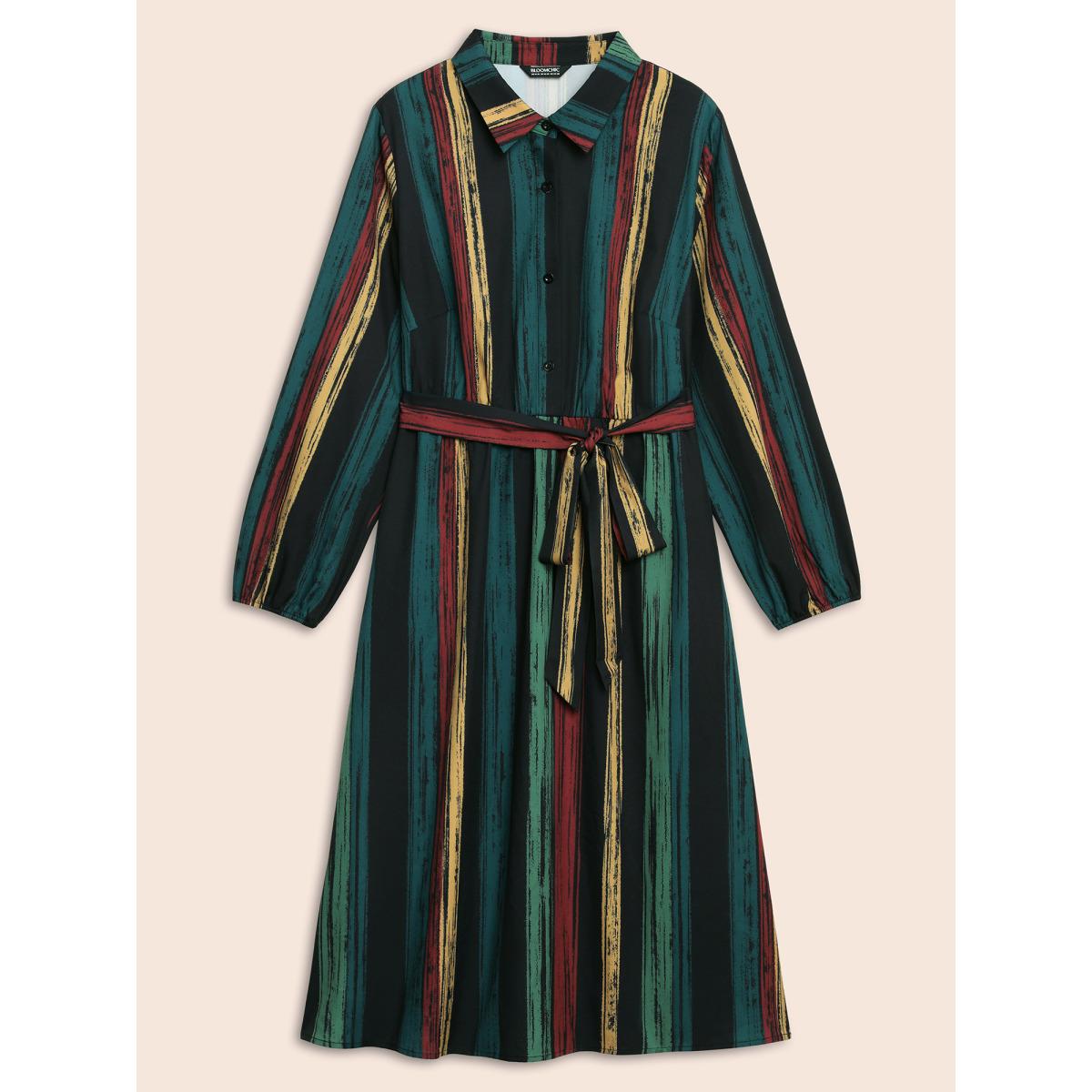 Plus Size Colored Striped Belted Lantern Sleeve Dress Multicolor Women At the Office Belted Knit Dresses Bloomchic 30/6X Product Image