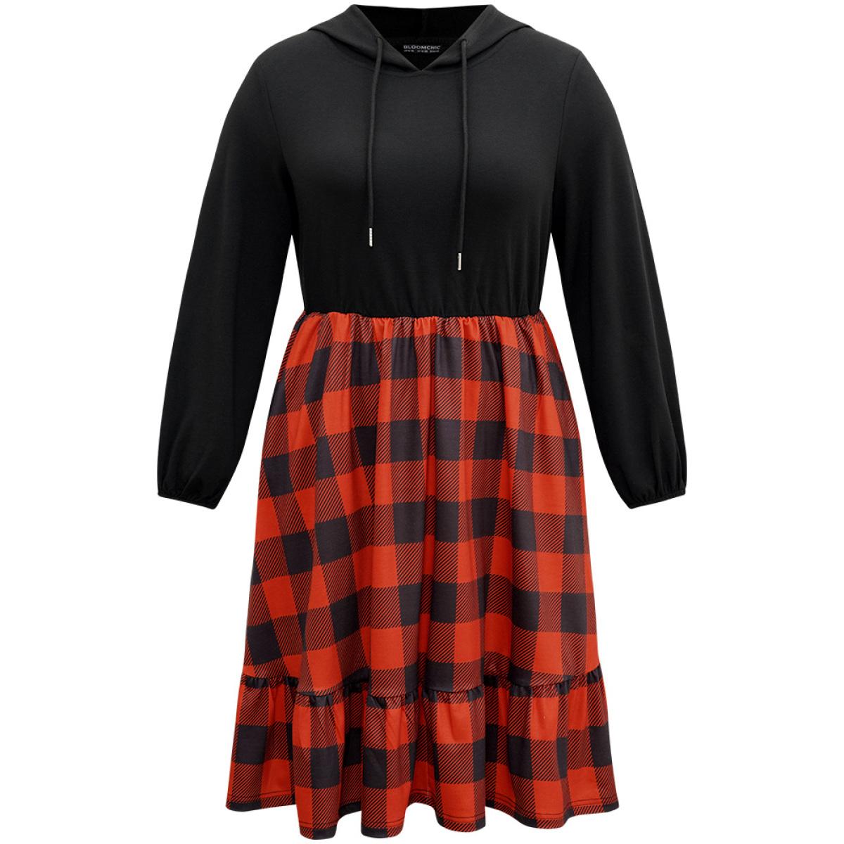 Plus Size Plaid Patchwork Ruffle Hem Hooded Lantern Sleeve Dress Black Women Casual Elastic cuffs Hooded Long Sleeve Curvy Midi Dress BloomChic 18-20/2X Product Image
