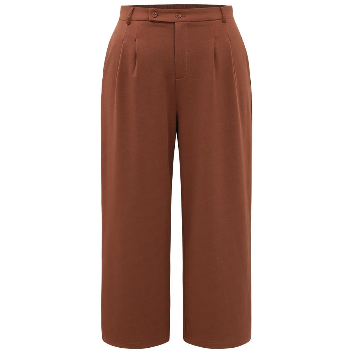 Plus Size Solid Pocket Plicated Detail Pants Women Chocolate Office Straight Leg High Rise Office Pants BloomChic 14-16/1X Product Image