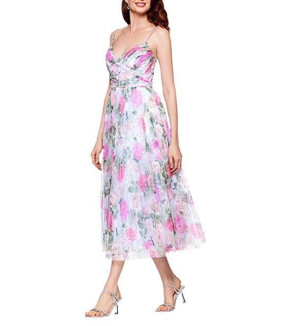Betsy & Adam Petite Size Floral Print Tulle Pleated Midi Dress Product Image