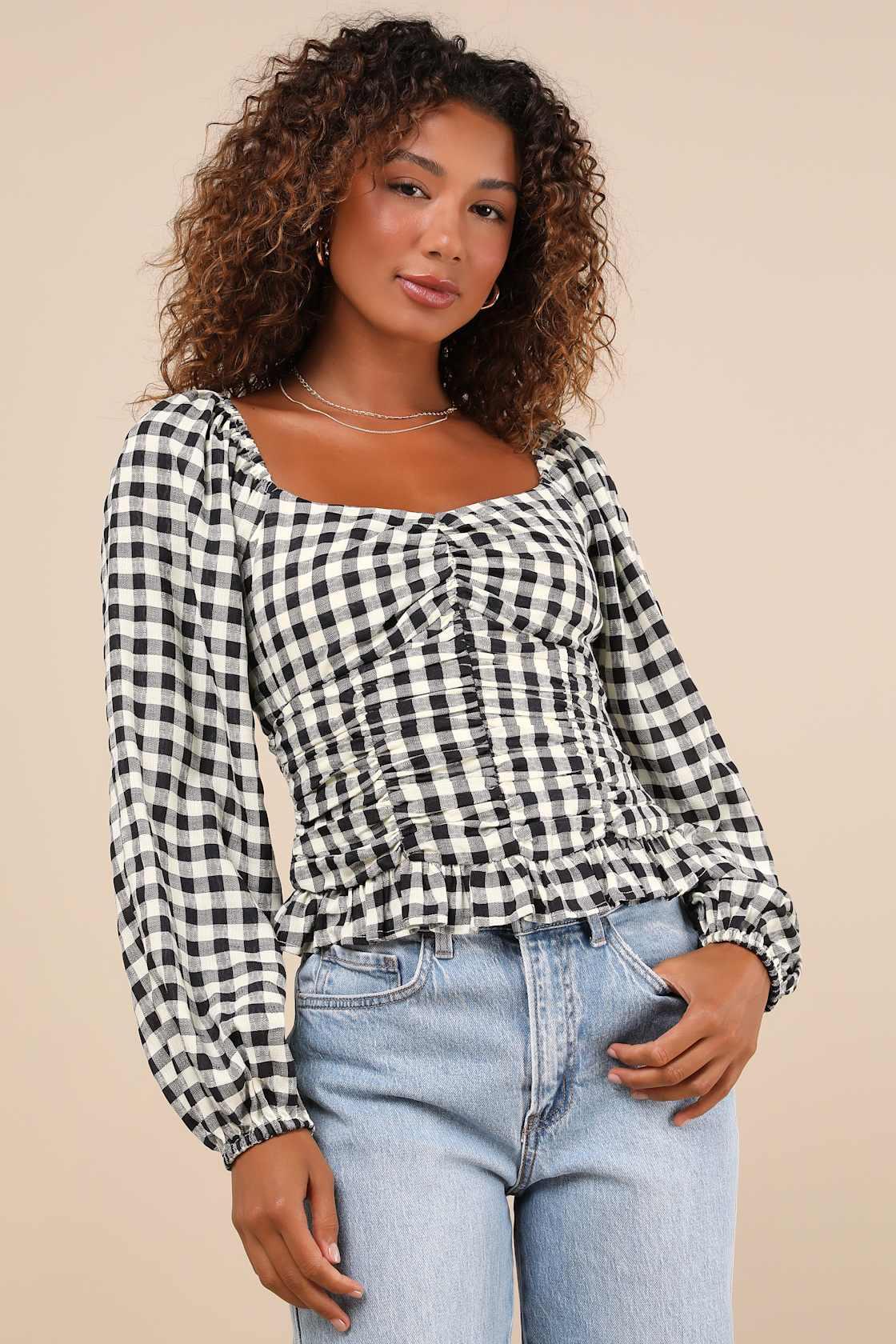 Cutest Beauty Black and White Gingham Ruched Balloon Sleeve Top Product Image