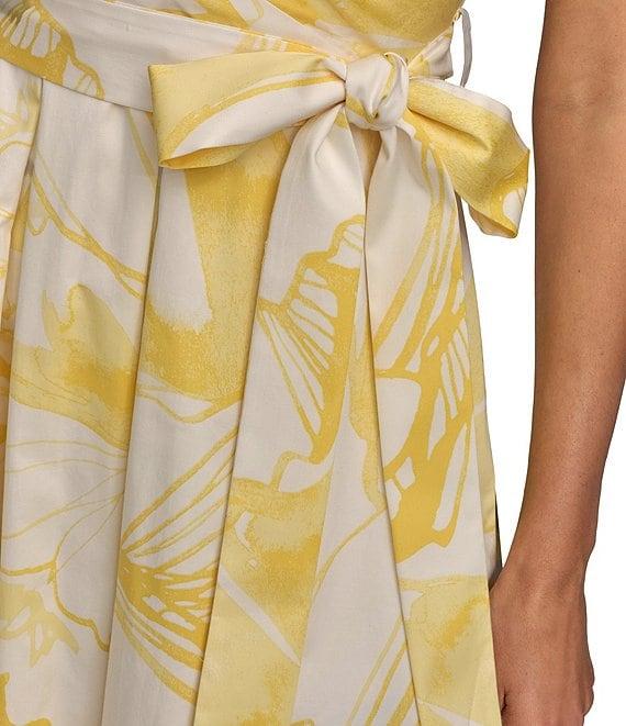 Donna Karan V-Neck Floral Print Cotton Sateen A-Line Midi Dress Product Image