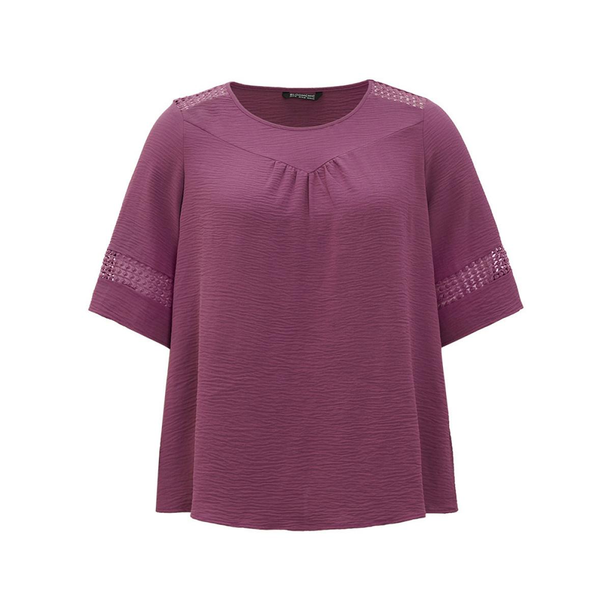 Plus Size Mauve Solid Gathered Lace Patchwork Blouse Women Elegant Elbow-length sleeve Round Neck Dailywear Blouses BloomChic 28/5X Product Image