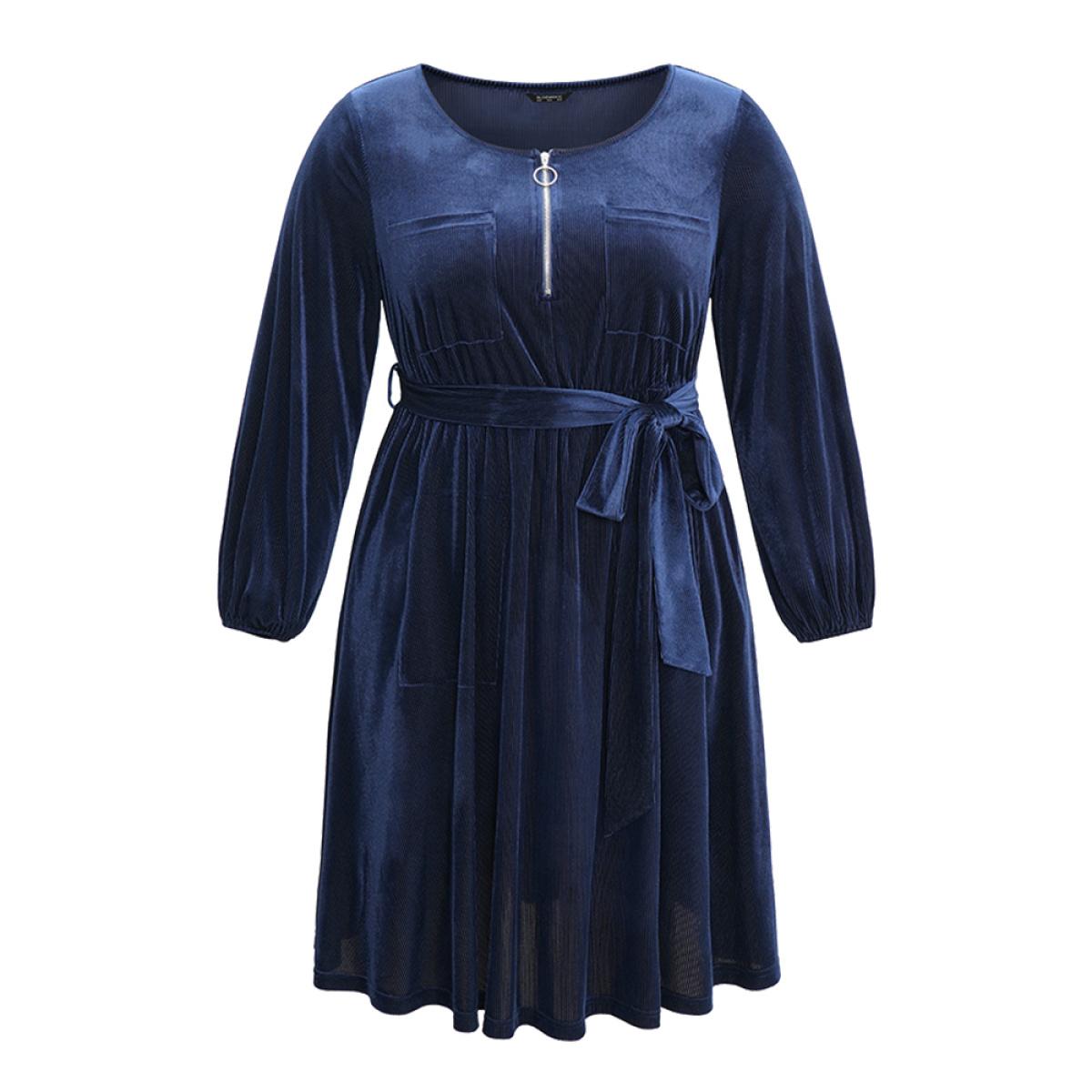 Plus Size Plain Half Zip Belted Pocket Corduroy Dress Indigo Women Office Velvet Round Neck Long Sleeve Curvy Midi Dress BloomChic 18-20/2X Product Image