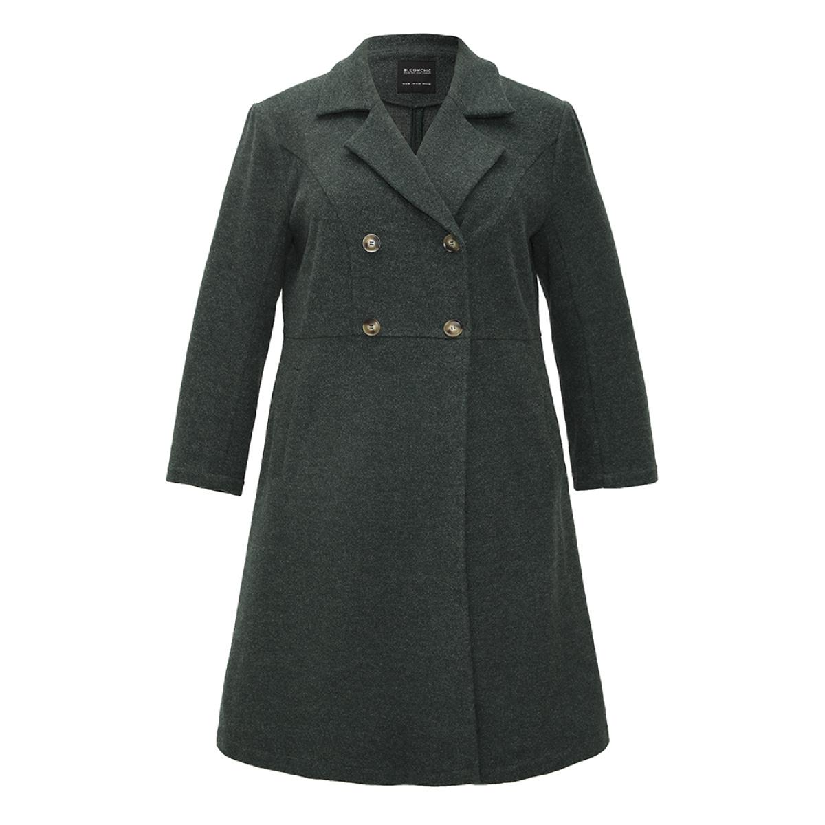 Plus Size Solid Pocket Double Breasted Heather Overlap Collar Coat Women DarkGreen Casual Plain Bodycon Ladies Dailywear Winter Coats BloomChic 30/6X Product Image