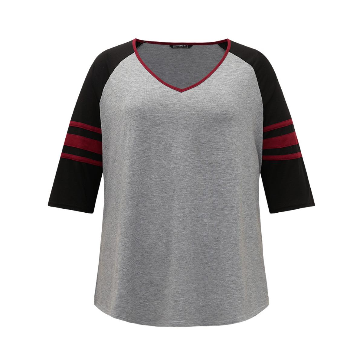 Plus Size Colorblock Contrast Raglan Sleeve Contrast Trim T-shirt Gray Women Casual Contrast Striped V-neck Dailywear T-shirts BloomChic 10/M Product Image
