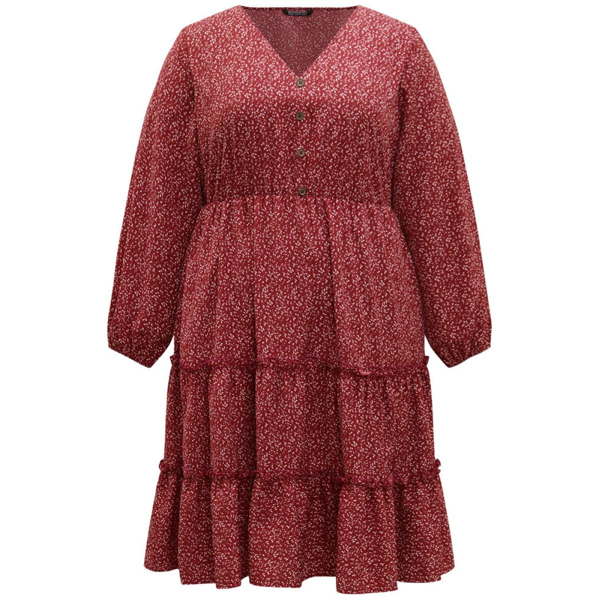 Plus Size Ditsy Floral V Neck Lantern Sleeve Ruffle Layered Hem Dress Scarlet Women Elegant Elastic cuffs V-neck Long Sleeve Curvy Midi Dress BloomChic 10/M Product Image