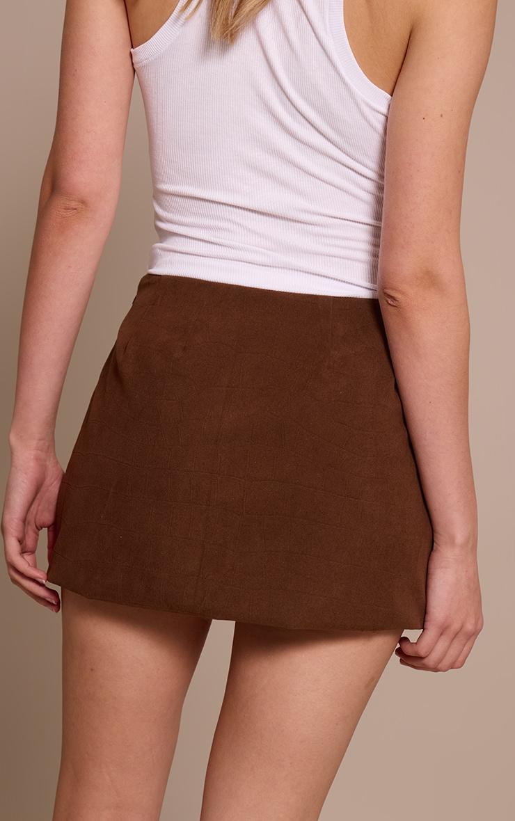 Chocolate Faux Suede Croc Textured Mini Skirt Product Image