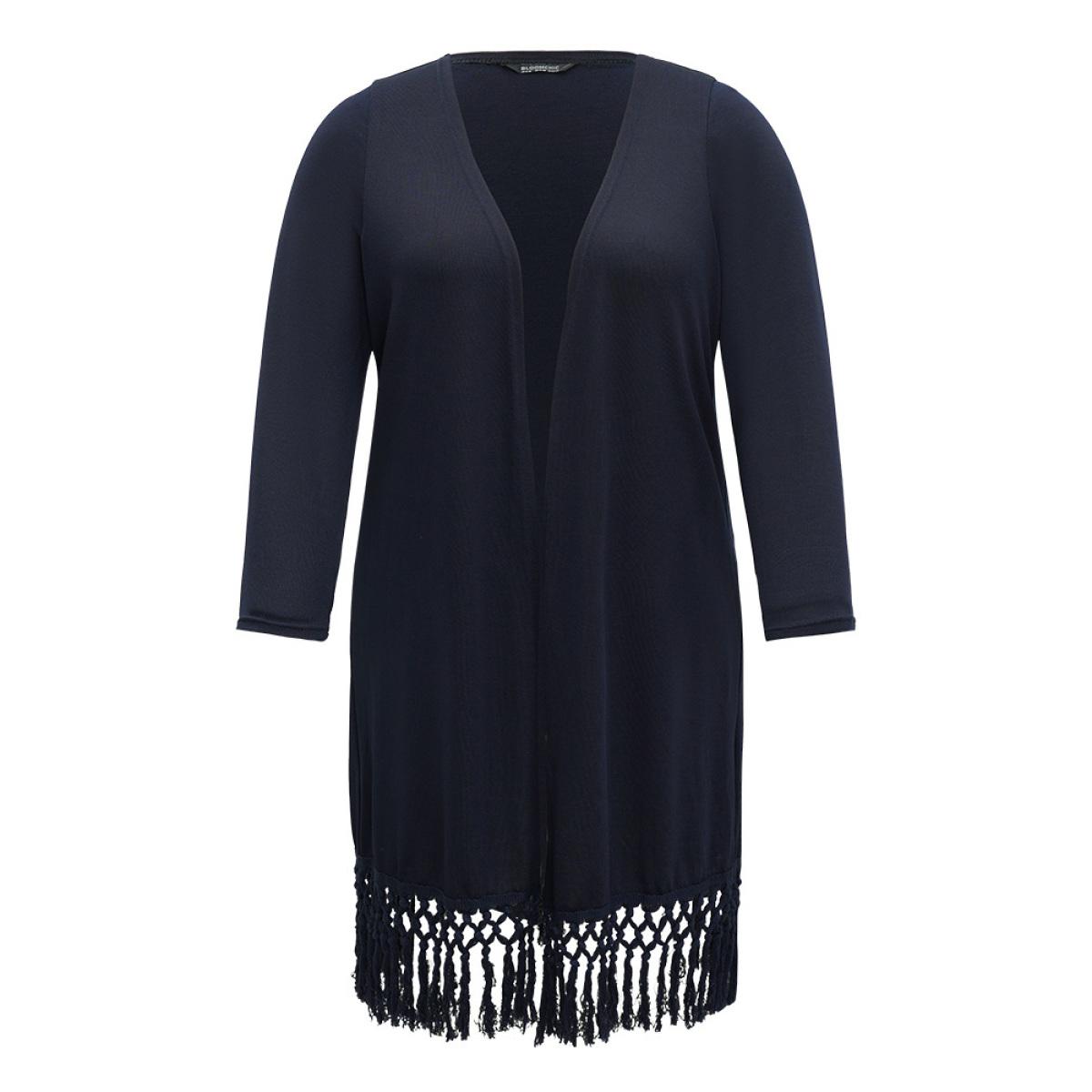 Plus Size Plain Patchwork Open Front Tassel Trim Kimono Women DarkBlue Casual Tassels Dailywear Kimonos BloomChic 18-20/2X Product Image