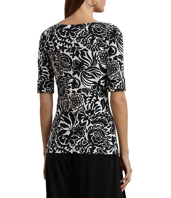 Lauren Ralph Lauren Stretch Knit Embroidered Floral Boat Neck Elbow Sleeve Tee Product Image