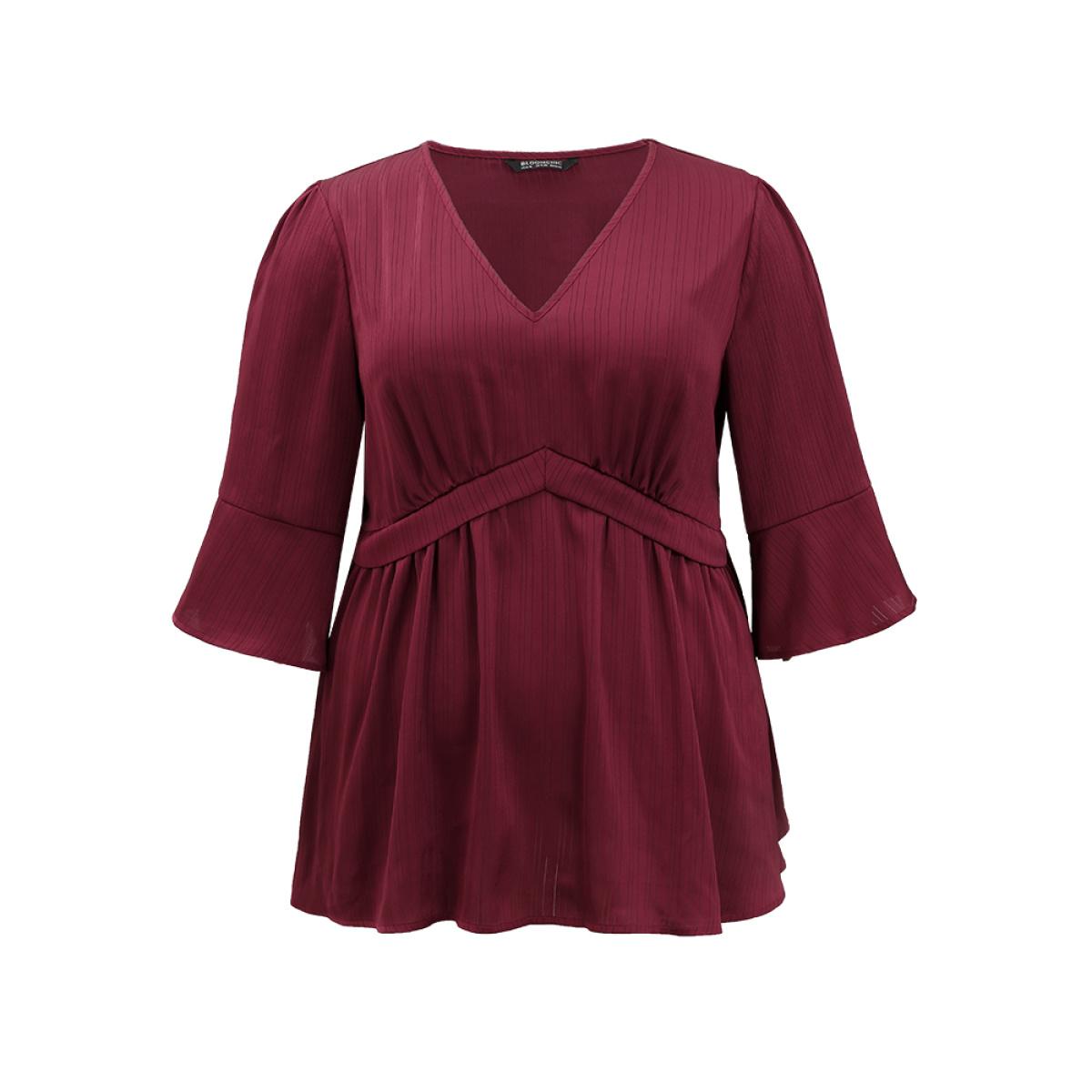 Plus Size Scarlet Anti-Wrinkle V Neck Gathered Ruffle Sleeve Blouse Women Office Elbow-length sleeve V-neck Office Blouses BloomChic 18-20/2X Product Image