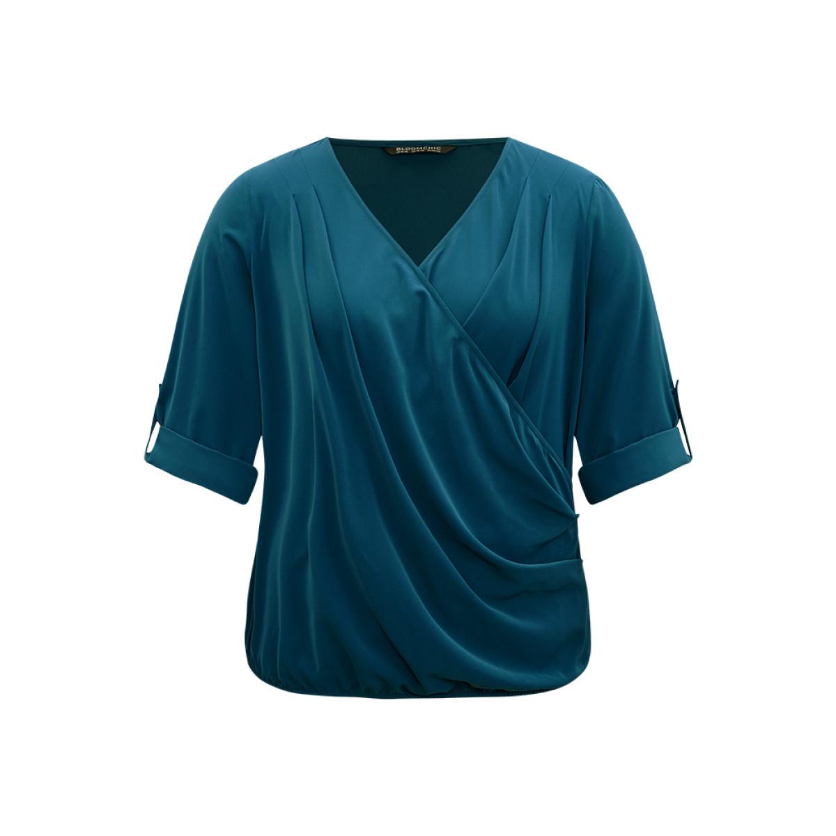 Plus Size Indigo Solid Crossover Roll Tab Sleeve Blouse Women Office Long Sleeve Overlap Collar Office Blouses BloomChic 28/5X Product Image