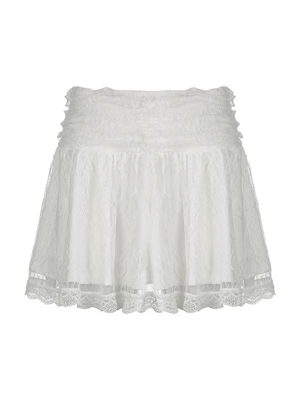 High-Waisted Pleated Lace Panel Mini Skirt Product Image