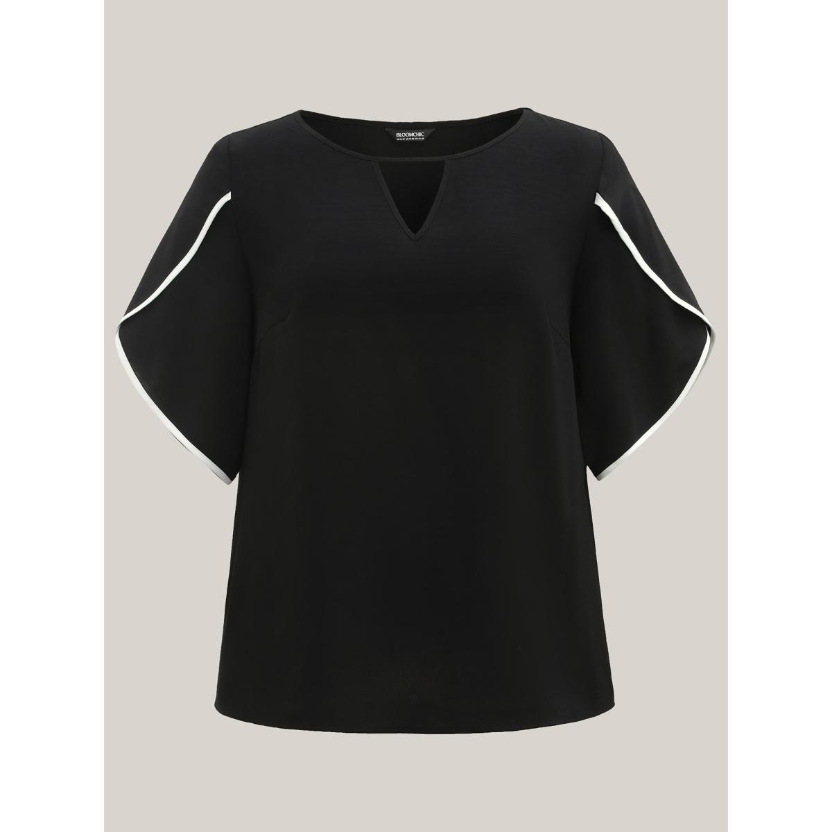 Plus Size Black Color Contrast Petal Sleeve Shirt Women Office Half Sleeve Round Neck Office Blouses BloomChic 14-16/1X Product Image