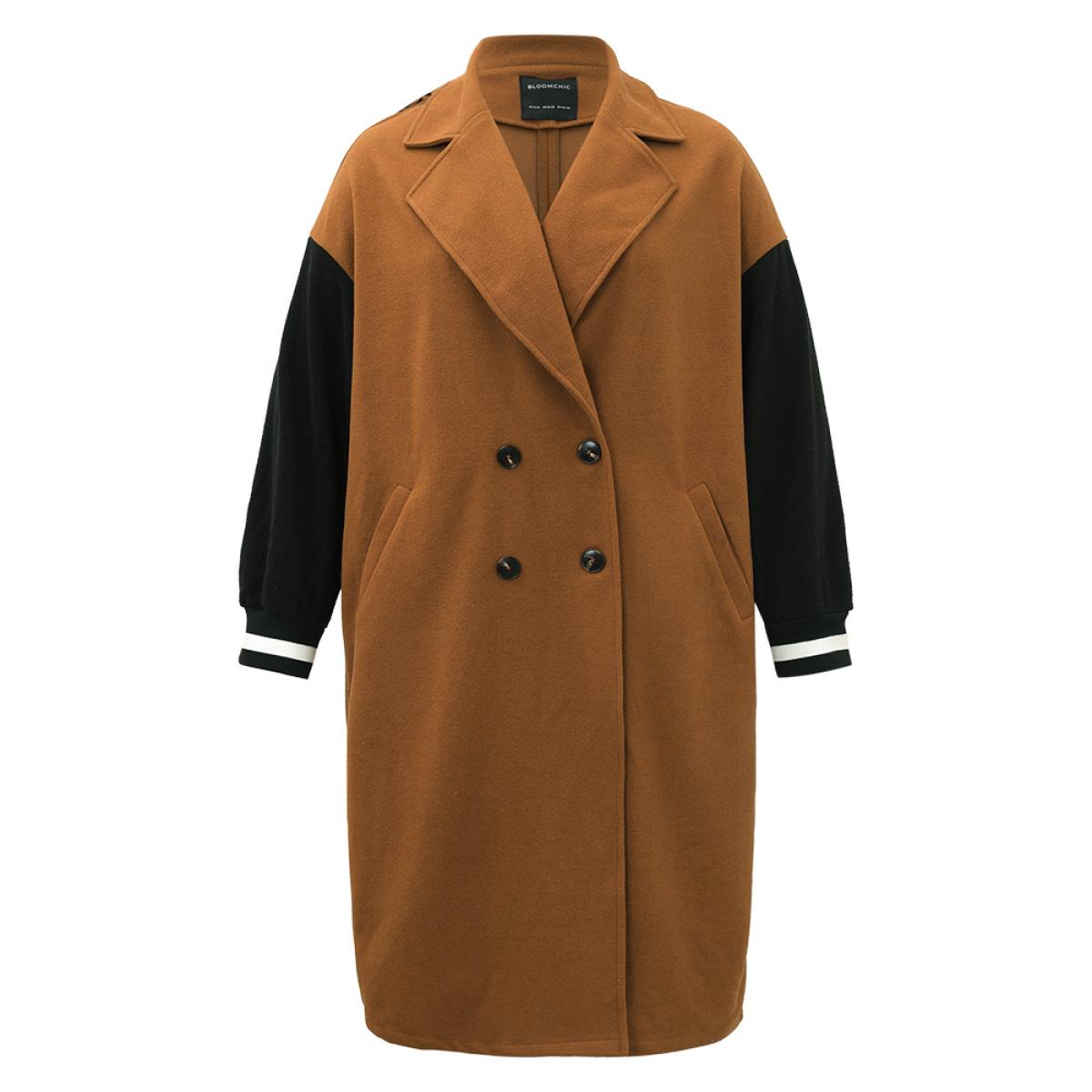 Plus Size Lapel Collar Patchwork Contrast Trim Coat Women Tan Casual Contrast Ladies Everyday Winter Coats BloomChic 30/6X Product Image
