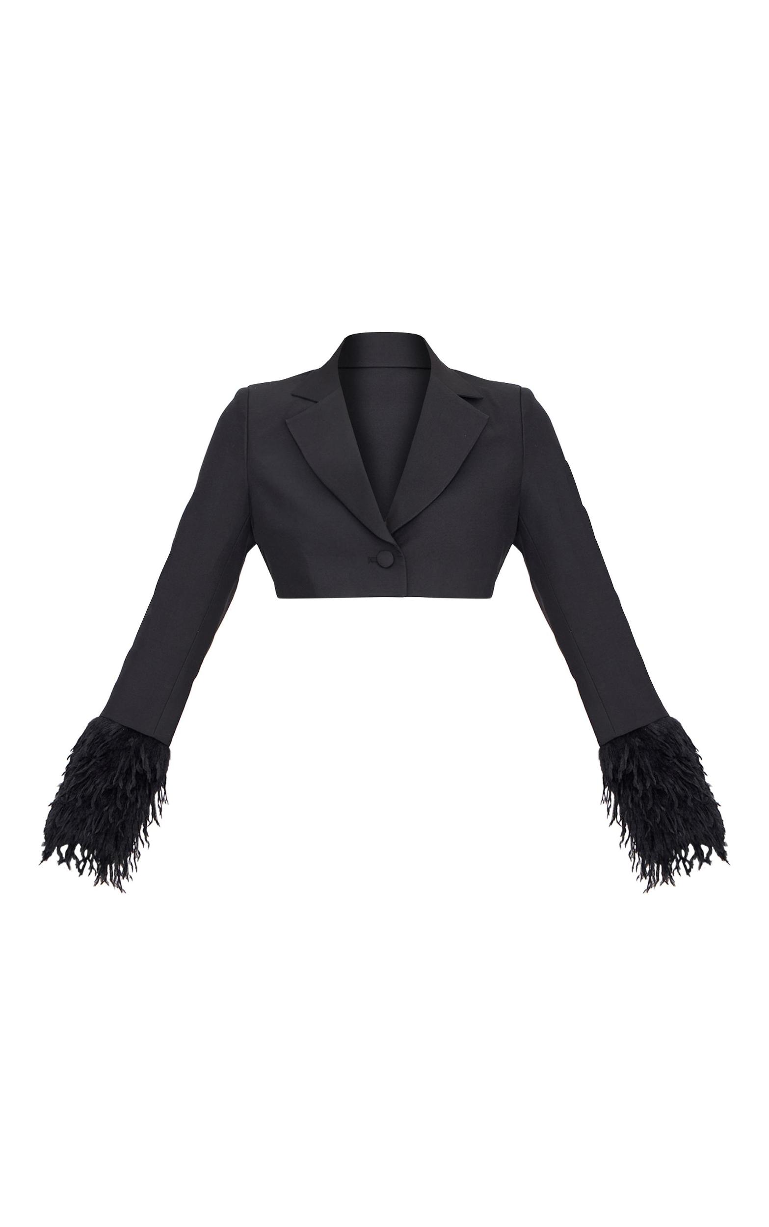 Black Faux Fur Cuff Detail Cropped Blazer Product Image