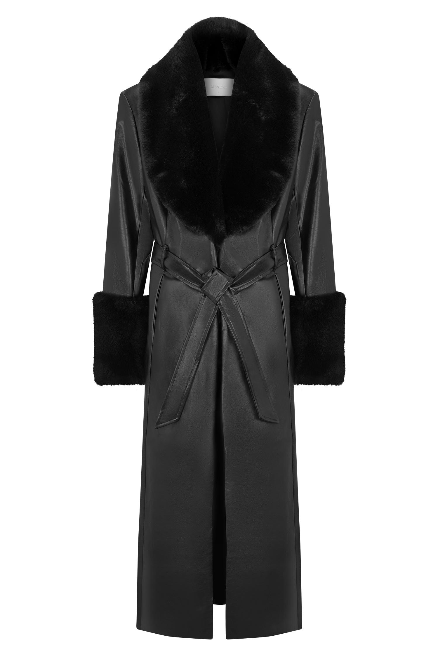 Bec Faux Leather Trench Coat With Faux Fur - Black Product Image