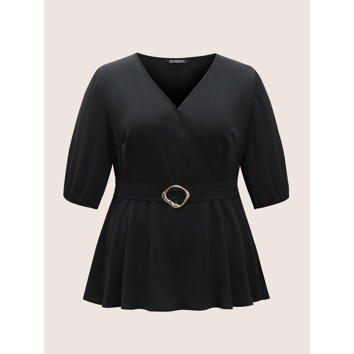 Plus Size Black V Neck Metal Detail Wrap Blouse Women At the Office Half Sleeve Overlap Collar Work Blouses BloomChic 18-20/2X Product Image
