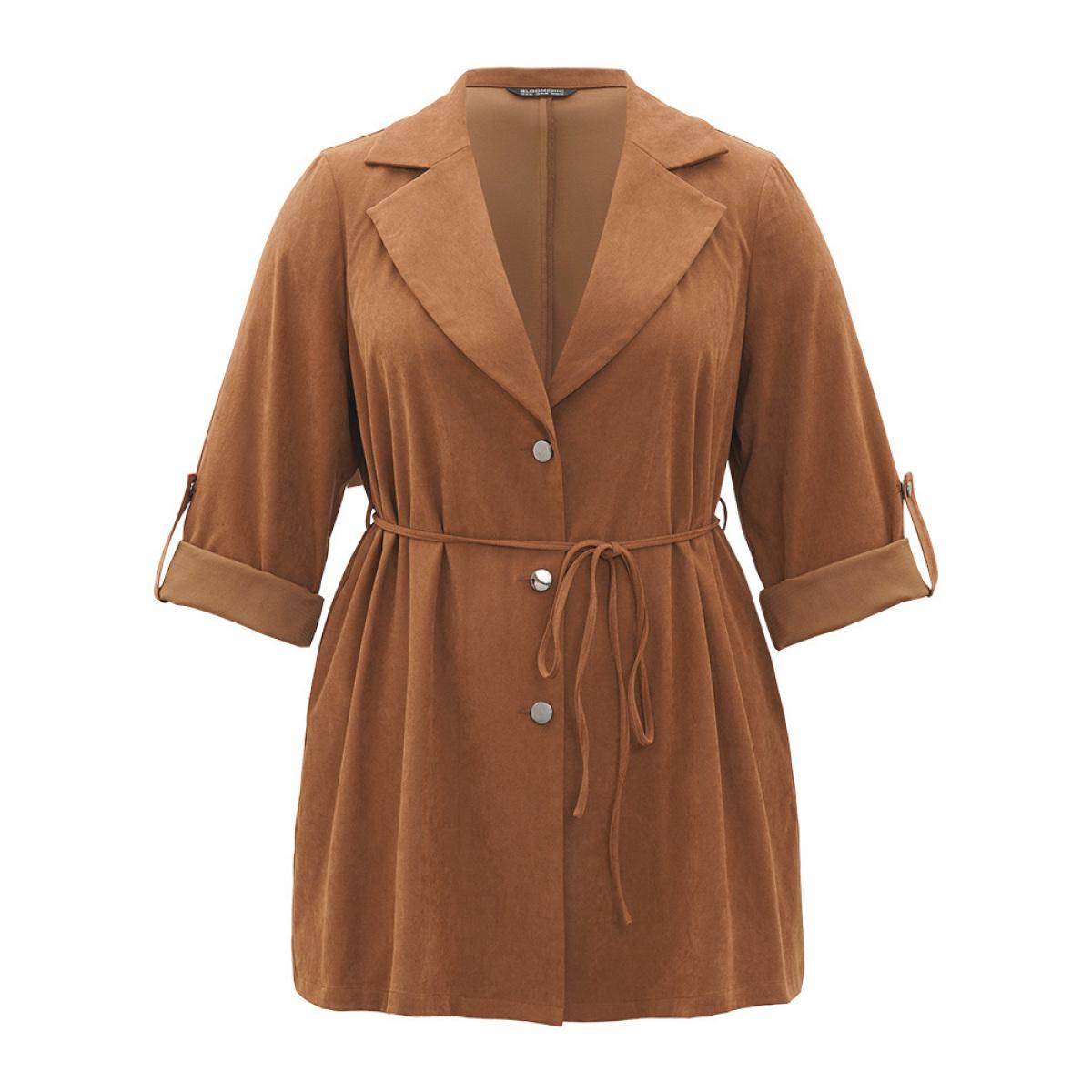 Plus Size Plain Corduroy Belted Bowknot Roll Tab Sleeve Coat Women Bronze Casual Plain Ladies Dailywear Winter Coats BloomChic 12/L Product Image