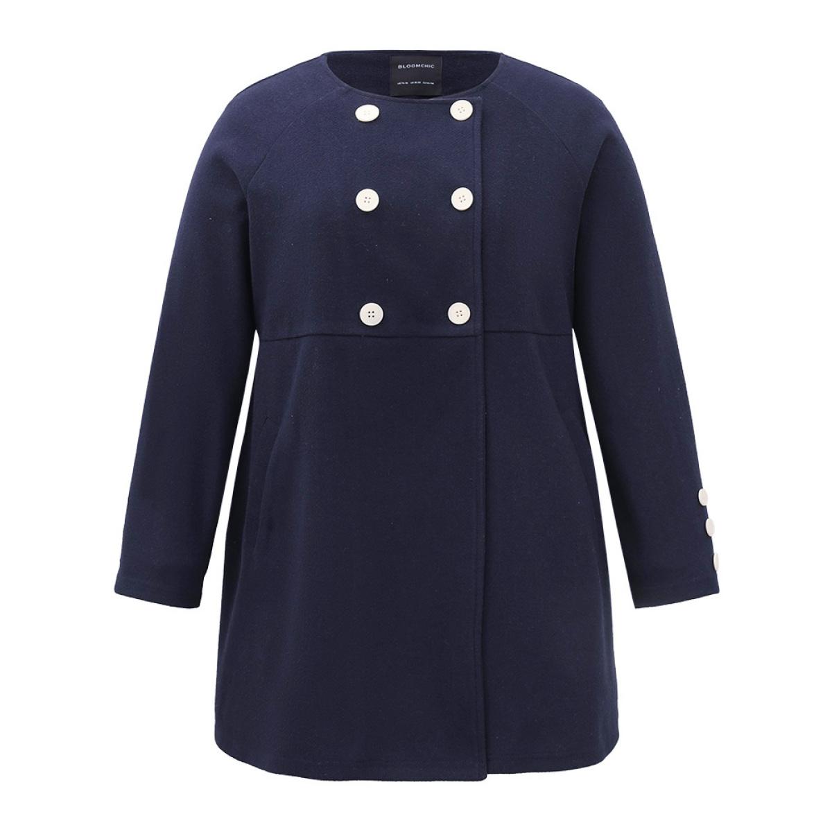 Plus Size Solid Button Detail pocket Coat Women Indigo Casual Plain Ladies Everyday Winter Coats BloomChic 22-24/3X Product Image