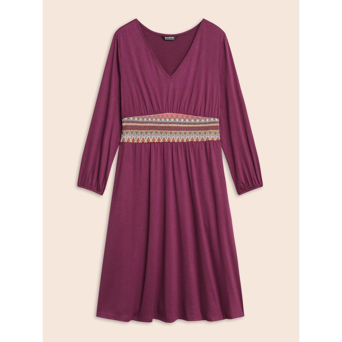 Plus Size V Neck Contrast Webbing Midi Dress RedViolet Women Resort Woven ribbon&lace trim V-neck Long Sleeve Curvy BloomChic 28/5X Product Image
