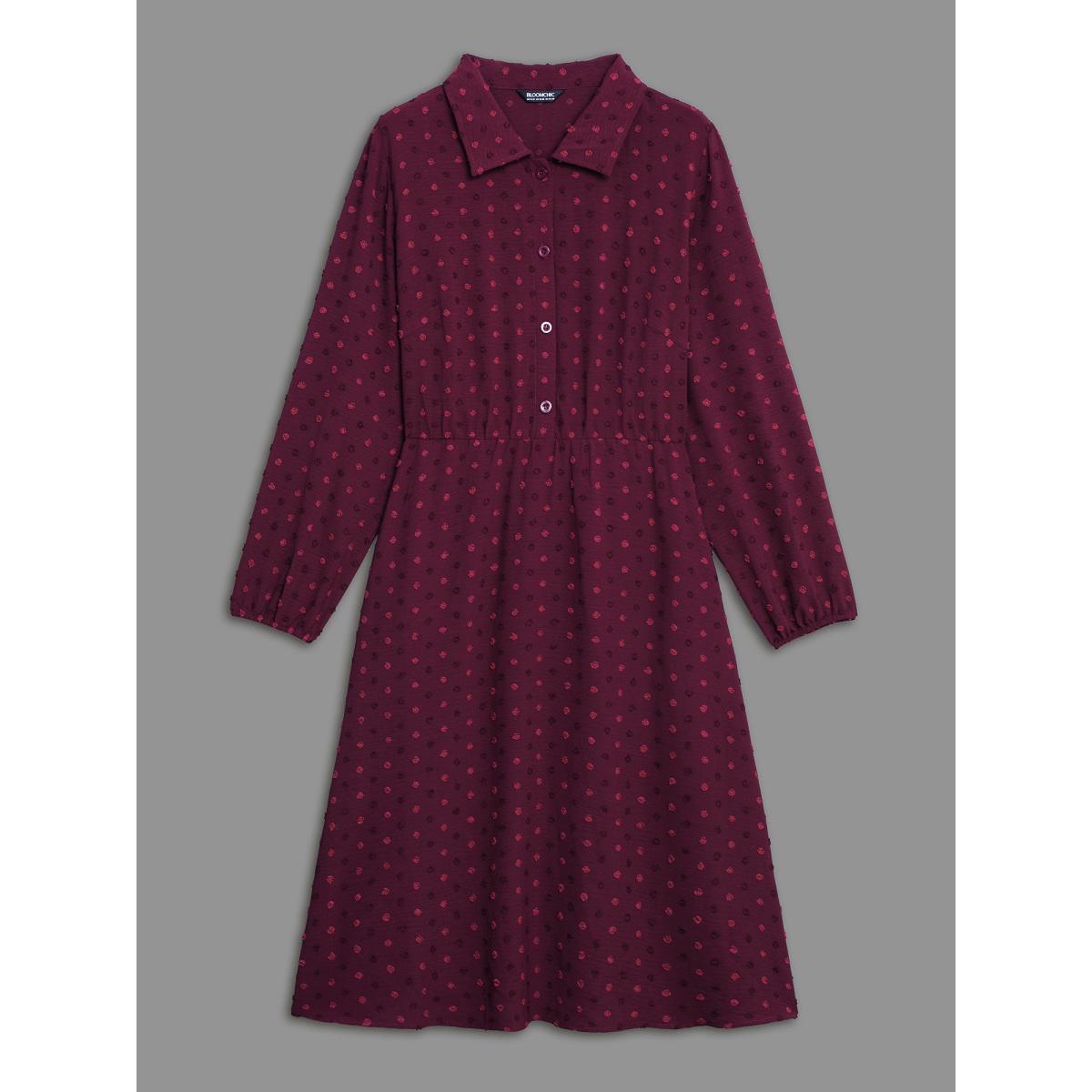 Plus Size Textured Shirt Collar Button Front Midi Dress Burgundy Women Elegant Texture Shirt collar Long Sleeve Curvy BloomChic 14-16/1X Product Image