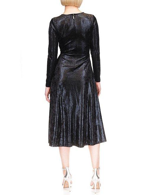 Michael Kors Foil-Printed Velvet Keyhole Crew Neck Long Sleeve Ruched A-Line Midi Dress Product Image