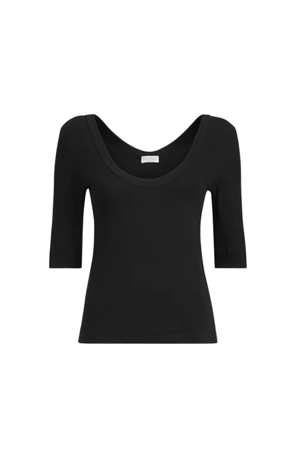 BRUNELLO CUCINELLI Ribbed Scoop Neck Short Sleeve Top In Black Product Image