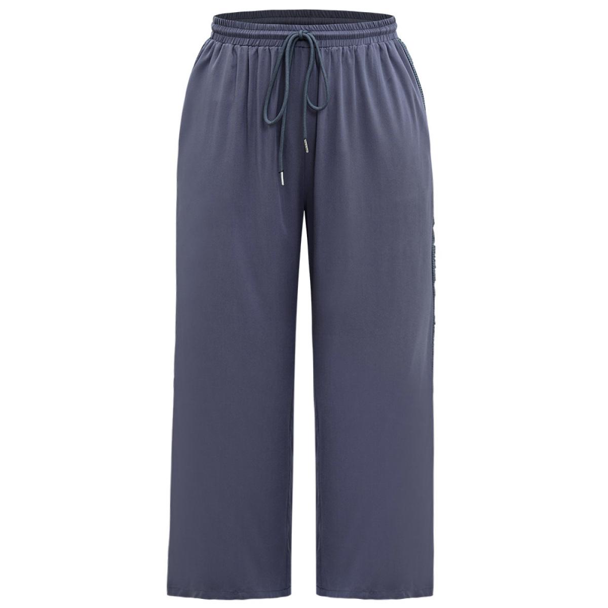 Plus Size Solid Crochet Lace Knotted Elastic Waist Pants Women Stone Casual Wide Leg High Rise Dailywear Pants BloomChic 12/L Product Image