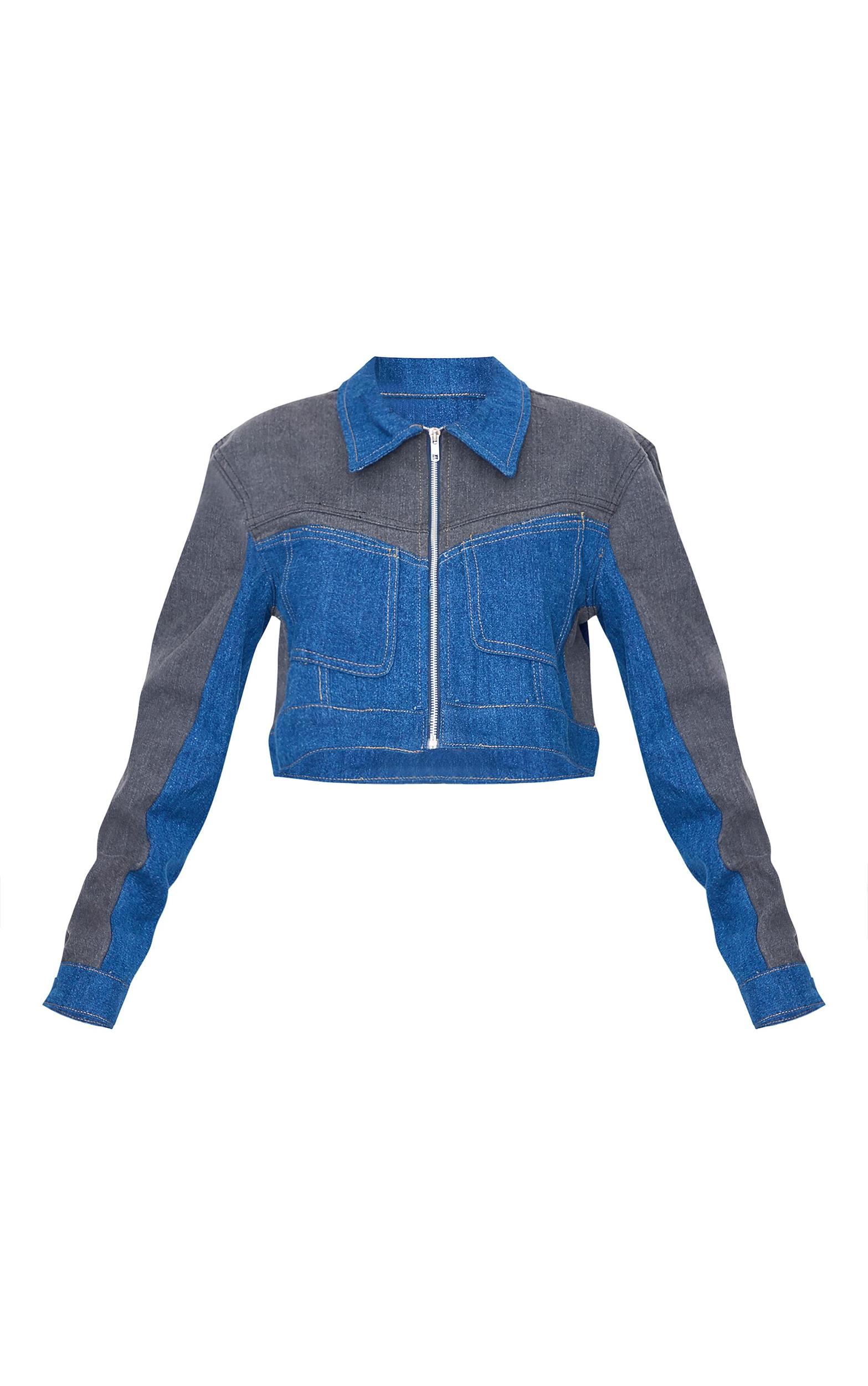 Dark Blue And Black Contrast Panel Cropped Denim Jacket Product Image
