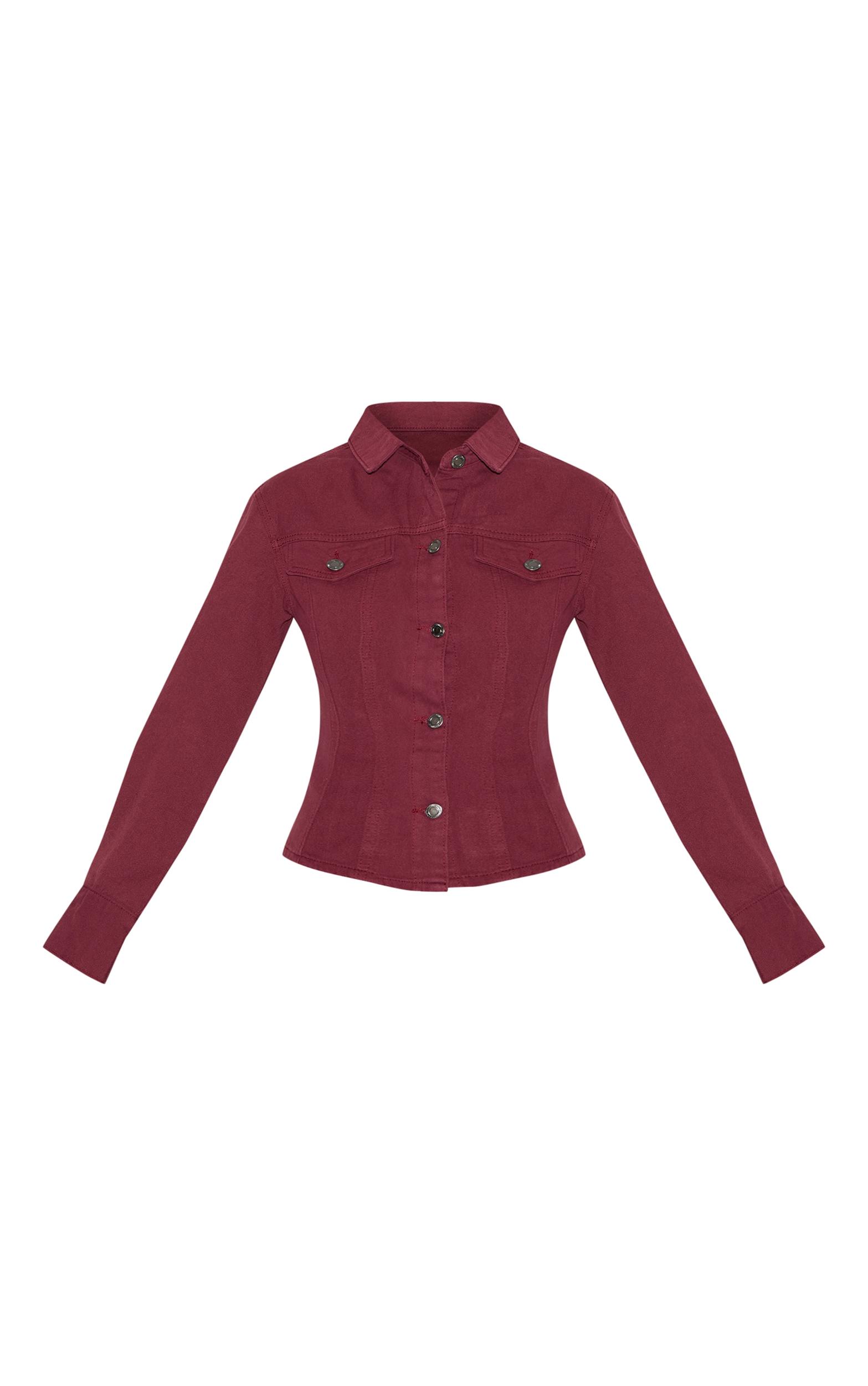 Burgundy Long Sleeve Cinch Waist Denim Jacket Product Image