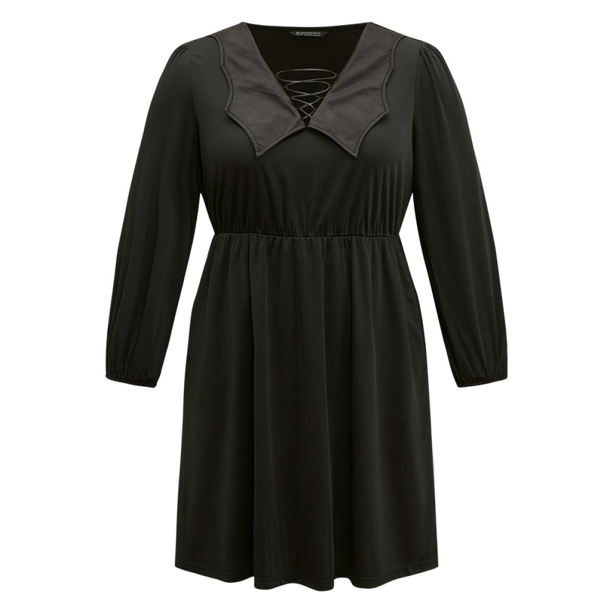 Plus Size Halloween Plain PU Crisscross Patchwork Pocket Dress Black Women Elegant Elastic cuffs V-neck Long Sleeve Curvy Knee Dress BloomChic 12/L Product Image