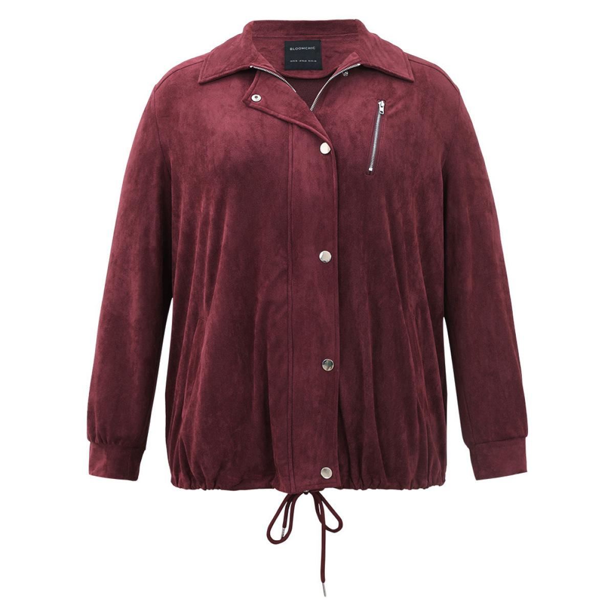 Plus Size Plain Pocket Zipper Fly Drawstring Jacket Women Burgundy Plain Pocket Dailywear Jackets BloomChic 10/M Product Image