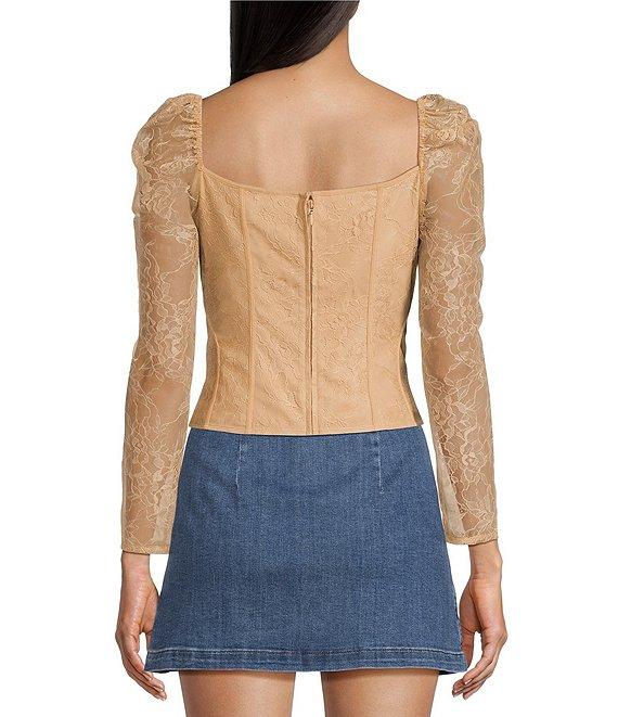 Chelsea & Violet Laura Woven Lace Sweetheart Neck Tie Front Long Sleeve Fitted Blouse Product Image