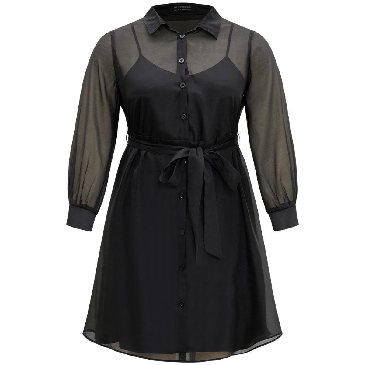 Plus Size Shirt Collar Button Up Belted Mesh Dress Black Women Elegant Lined Shirt collar Long Sleeve Curvy Midi Dress BloomChic 30/6X Product Image