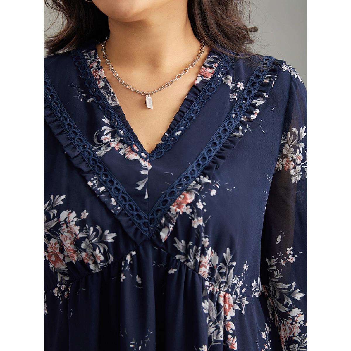 Plus Size Indigo Chiffon Floral Print Frill Trim Ruffle Blouse Women Elegant Half Sleeve V-neck Dailywear Blouses BloomChic 10/M Product Image