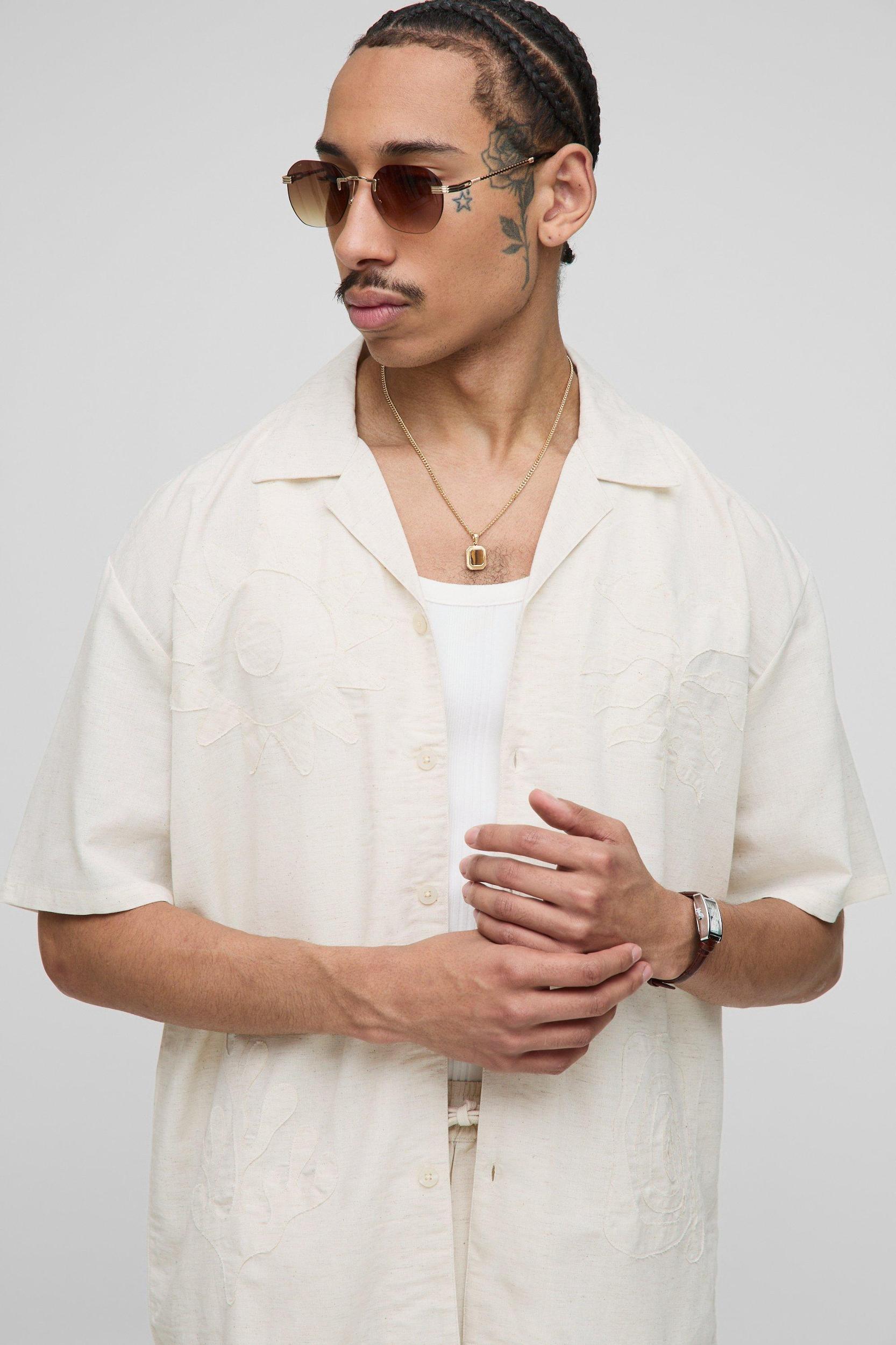 Oversized Linen Blend Organza Shirt & Relaxed Short Set | boohooMAN USA Product Image
