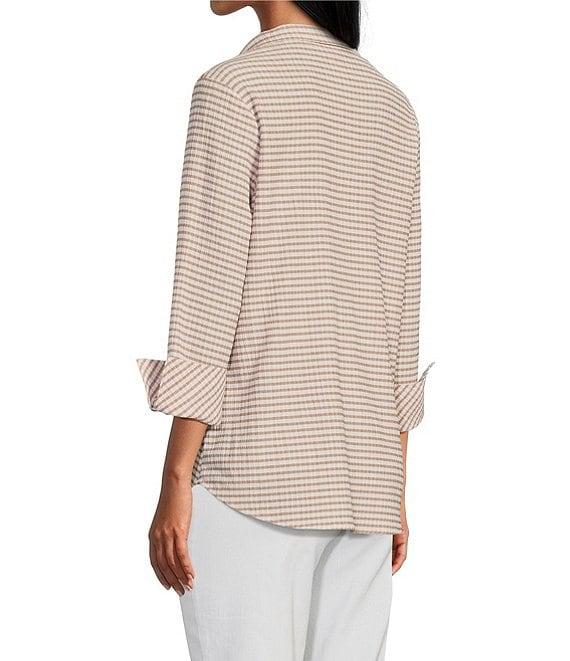 Multiples Crinkle Woven Printed Wire Neck 3/4 Turn-Up Sleeve Button-Front Shirt Product Image