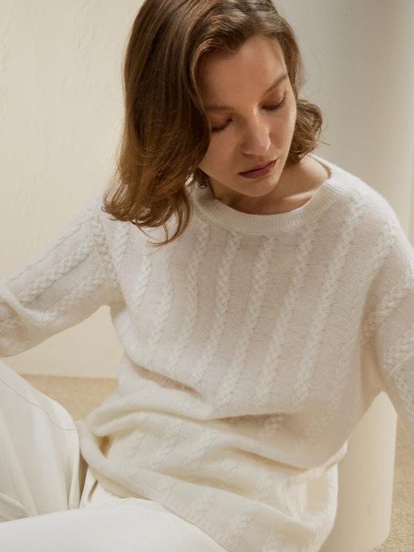 LILYSILK Pure Cashmere Sweaters - for Women - White Premium Cashmere - Simple Yet Classic Cable-Knit Sweater XL Product Image