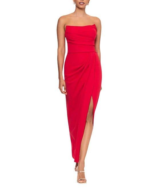 Betsy & Adam Scuba Crepe Strapless Neck Sleeveless Ruched Sheath Gown Product Image